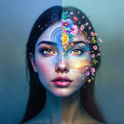 The primary subject of the image is a woman with a unique and artistic appearance. She has a flower painted on her face, and her eyes are painted with a yellow and blue color. The setting is a dark background, which contrasts with the vibrant colors of the woman's face painting. The visual style of the image is a combination of digital art and illustration, creating a striking and eye-catching portrait. The colors and mood of the image are lively and creative, with the woman's face painting